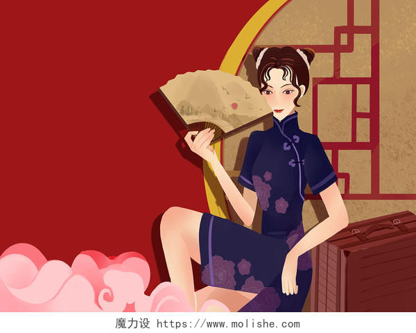 国潮当道红色复古中国风旗袍时尚女子原创插画素材